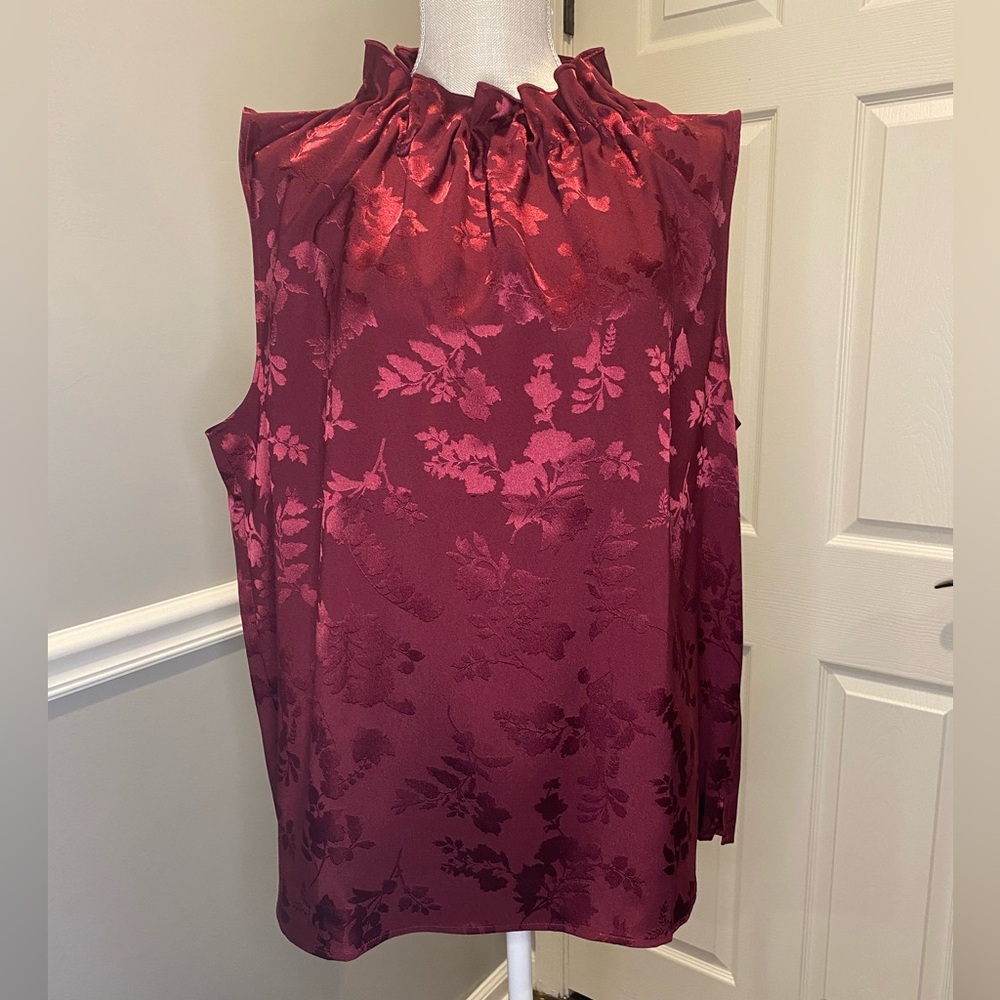Ann Taylor Factor Sleeveless Top XXL Burgundy Red Ruffle Mock Turtleneck Collar